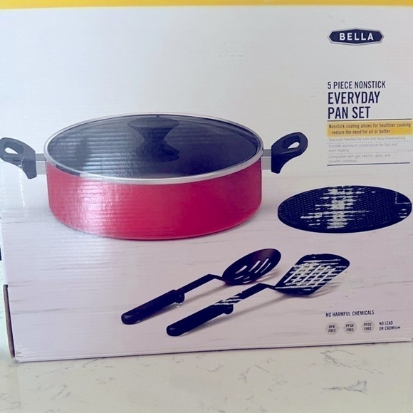 New BELLA 5-Pc. Nonstick Everyday set black and red cookware, frying pan - Picture 3 of 8